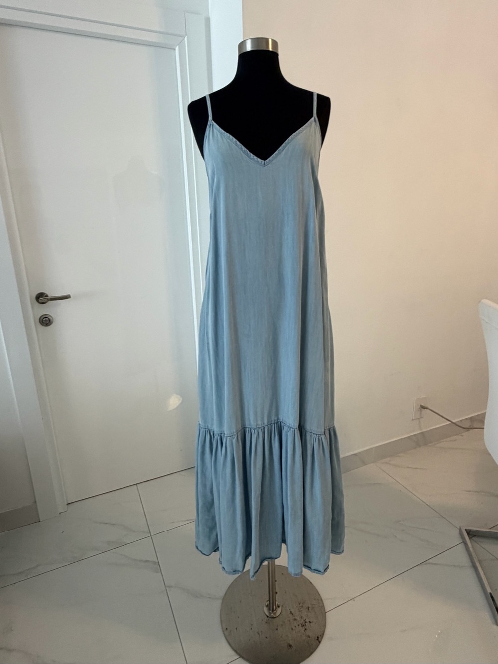 DKNY Light Blue Spaghetti Strap Maxi Dress with Ruffle Hem